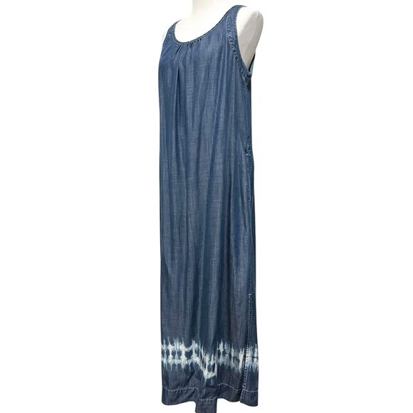 Chico's Chambray Blue Tencel Maxi Long Tank Dress Tie Dye Hem Pockets Sz M (2) - Picture 7 of 13